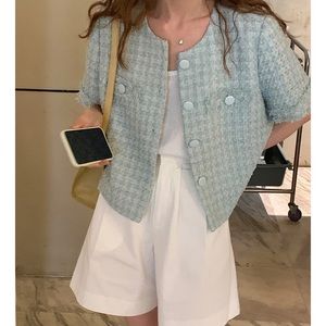 【JUSLIN】Korean-style Round Neck Short Sleeve Coco Jacket with Woven Textured